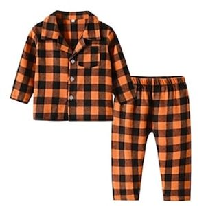 Kids Boys 2 Pieces Pajama Set Long Sleeve Orange Dark Gray Plaid Button Spring Fall Adorable Home 7-13 Years Lightinthebox