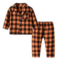 Kids Boys 2 Pieces Pajama Set Long Sleeve Orange Dark Gray Plaid Button Spring Fall Adorable Home 7-13 Years Lightinthebox - thumbnail