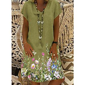 Women's A Line Dress Knee Length Dress Green Short Sleeve Flower Spring Summer V Neck Ethnic Style Casual 2021 S M L XL XXL Lightinthebox
