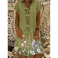 Women's A Line Dress Knee Length Dress Green Short Sleeve Flower Spring Summer V Neck Ethnic Style Casual 2021 S M L XL XXL Lightinthebox - thumbnail