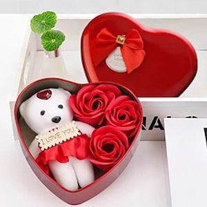 1pc Heart-Shaped Tinplate Box 3 Little Bear Rose Soap Flower Gift Box Qixi Valentine'S Day Gift Imitation Flowers Holiday Gifts For Mothers Friends Birthday Gifts Anniversary Gifts miniinthebox