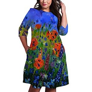Women's Plus Size Dress A Line Dress Knee Length Dress 34 Length Sleeve Floral Graphic Print Casual Fall Spring  Summer Blue XL XXL 3XL 4XL 5XL Lightinthebox
