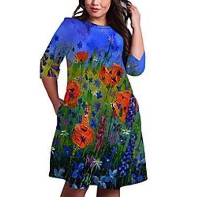 Women's Plus Size Dress A Line Dress Knee Length Dress 34 Length Sleeve Floral Graphic Print Casual Fall Spring  Summer Blue XL XXL 3XL 4XL 5XL Lightinthebox