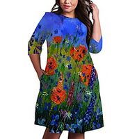 Women's Plus Size Dress A Line Dress Knee Length Dress 34 Length Sleeve Floral Graphic Print Casual Fall Spring  Summer Blue XL XXL 3XL 4XL 5XL Lightinthebox - thumbnail
