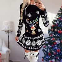 Women's Christmas Casual Dress Shift Dress  Short Mini Dress Green Black Red Long Sleeve Animal Snowflake Print Fall Winter Crew Neck Fashion Casual Loose Fit 2022 S M L XL 2XL 3XL Lightinthebox - thumbnail