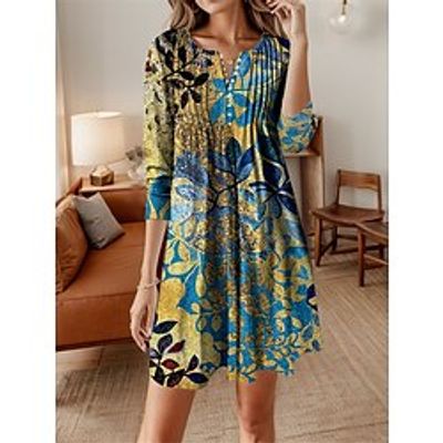 Women's Casual Dress Winter Dress Leaf Floral Print Button Crew Neck Mini Dress Fashion Streetwear Outdoor Daily Long Sleeve Regular Fit Yellow Pink Blue Fall Winter S M L XL 2XL Lightinthebox