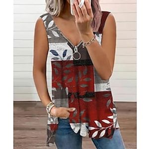 Women's Tank Top Red Blue Green Leaf Quarter Zip Print Sleeveless Casual Weekend Basic V Neck Regular Floral S miniinthebox