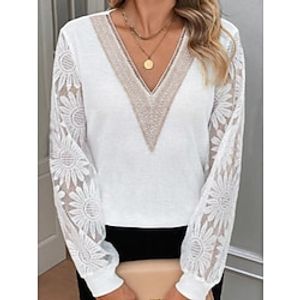 Women's Shirt Blouse White Plain Lace Long Sleeve Casual Fashion V Neck Regular Fit Spring   Fall Lightinthebox