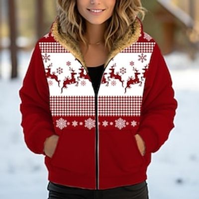 Women's Fleece Jacket Christmas Fleece Lined Sherpa Jacket Xmas Plaid Thermal Warm Winter Coat Zip up Windproof Outerwear with Pocket Long Sleeve Fall Lightinthebox