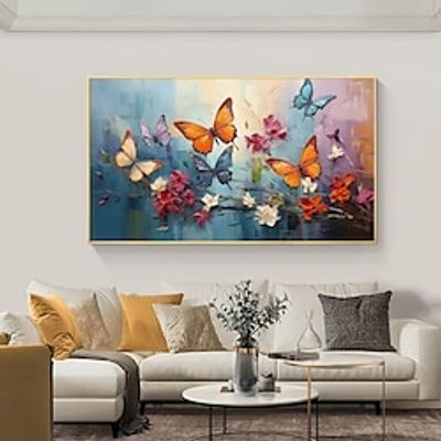 Handmade Oil Painting Canvas Wall Art Decoration 3D Palette Knife Butterfly Flowers for Home Decor Rolled Frameless Unstretched Painting Lightinthebox