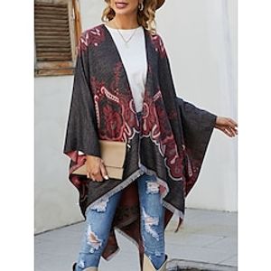 Women's Fall Winter Coat Cloak  Capes Warm Breathable Outdoor Street Daily Wear Print Cardigan Collarless Fashion Casual Flower Loose Fit Outerwear Long Sleeve Winter Wine Red Orange One-Size Lightinthebox