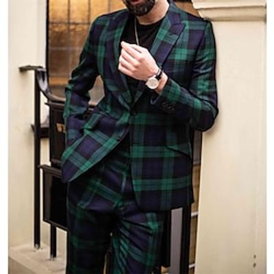 Green Men's Plaid Suits 2 Piece Checkered Tailored Fit Single Breasted Two-buttons Party Christmas 2023 miniinthebox