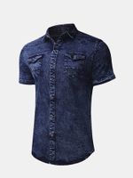 Casual Pockets Cotton Washed Denim Designer Shirts for Men