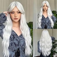 28 Inch Long Curly White Wigs With Bangs, Focus Of Party, Holiday Must-have, Perfect For Halloween, Christmas And Costume Parties Synthetic Wig miniinthebox - thumbnail