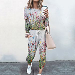 Women's Basic Streetwear Floral Vacation Casual / Daily Two Piece Set Tracksuit T shirt Pant Loungewear Jogger Pants Drawstring Print Tops miniinthebox