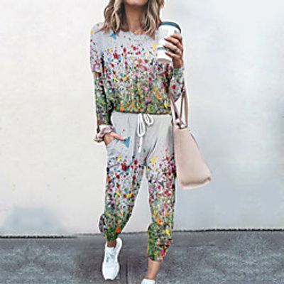 Women's Basic Streetwear Floral Vacation Casual / Daily Two Piece Set Tracksuit T shirt Pant Loungewear Jogger Pants Drawstring Print Tops miniinthebox