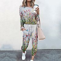 Women's Basic Streetwear Floral Vacation Casual / Daily Two Piece Set Tracksuit T shirt Pant Loungewear Jogger Pants Drawstring Print Tops miniinthebox - thumbnail