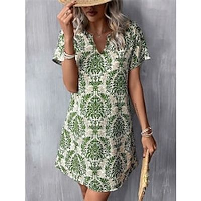 Women's Vintage Dress Casual Dress Floral Print V Neck Mini Dress Vintage Ethnic Street Date Short Sleeve Loose Fit Black Pink Blue Summer Spring S M L XL XXL Lightinthebox