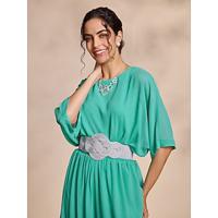 Chiffon Casual Magyar Sleeve Crew Neck Blouse(Belt Not Included)