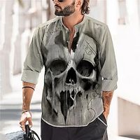 Graphic Skull Comfortable Fashion Casual Men's Linen Shirt Shirt Button Up Shirt Holiday Vacation Casual Daily Spring Fall Henley Long Sleeve Black, White, Light Grey S, M, L Linen Cotton Blend Lightinthebox