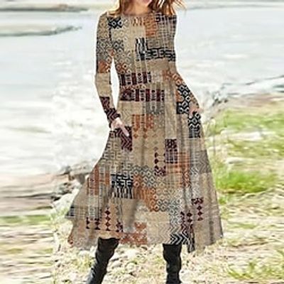 Women's A Line Dress Midi Dress Gray Khaki Red Brown Long Sleeve Floral Geometric Pocket Print Fall Spring Round Neck Casual Vacation 2022 S M L XL XXL 3XL miniinthebox