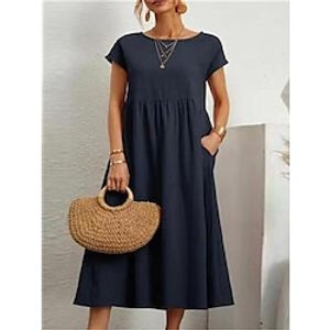 Women's Casual Dress Cotton Linen Dress Swing Dress Midi Dress Cotton Blend Basic Classic Outdoor Daily Crew Neck Pocket Short Sleeve Summer Spring 2023 Loose Fit ArmyGreen Black White Plain S M L XL miniinthebox