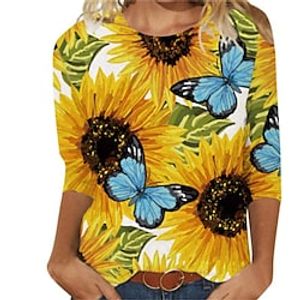 Women's T shirt Tee Graphic Sunflower Casual Weekend T shirt Tee Long Sleeve Print Round Neck Basic Green White Black S / 3D Print miniinthebox