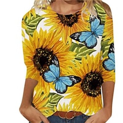 Women's T shirt Tee Graphic Sunflower Casual Weekend T shirt Tee Long Sleeve Print Round Neck Basic Green White Black S / 3D Print miniinthebox