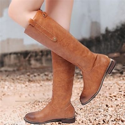 Women's Boots Wide Calf Boots Motorcycle Boots Riding Boots Outdoor Daily Knee High Boots Buckle Flat Heel Round Toe Vintage Casual Minimalism Faux Leather Zipper Solid Color Black Brown Gray Lightinthebox