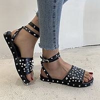 Women's Sandals Flat Heel Round Toe PU Rivet Solid Colored Black Yellow Red miniinthebox - thumbnail