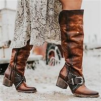 Women's Boots Motorcycle Boots Plus Size Work Boots Outdoor Daily Knee High Boots Buckle Chunky Heel Round Toe Elegant Vintage Casual Faux Leather Zipper Black Brown Khaki miniinthebox