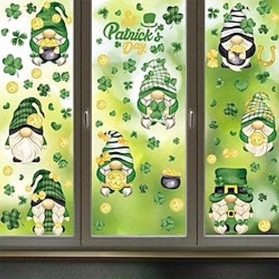 9 Sheets, Green Dwarfs Window Clings, St. Patrick's Day Decoration Cartoon Gnomes Trefoil Stickers, Waterproof PVC Decal For Glass Lightinthebox