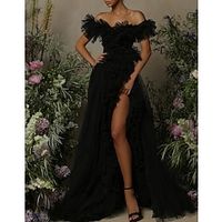 Black Tie A-Line Evening Gown Elegant Dress Formal Prom Floor Length Sleeveless Off Shoulder Tulle with Ruched 2024 Lightinthebox