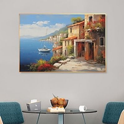 Mediterranean Wall Art Hand-painted Mediterranean Artwork Mediterranean Sea Landscape Handamde Wall Art Mediterranean Village For Room Decor No Frame Lightinthebox
