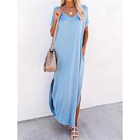 Women's Casual Dress T Shirt Dress Tee Dress Summer Dress Maxi Dress Cotton Pocket Split Vacation Streetwear Maxi V Neck Short Sleeve Black Pink Light Blue Color Lightinthebox