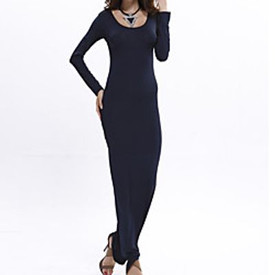 Women's Sheath Dress Maxi long Dress Green Blue White Black Wine Fuchsia Gray Khaki Dark Blue Orange Long Sleeve Pure Color Ruched Fall Winter Round Neck Stylish Casual Modern 2021 S M L XL Lightinthebox