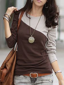 Autumn Spring Cotton Blend Women Round Neck Color Block Long Sleeve Long Sleeve T-Shirts