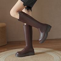 Women's Boots Knee High Boots Chunky Heel Round Toe Minimalism Daily PU Leather Zipper Fall Winter Solid Colored Dark Brown Black Lightinthebox - thumbnail