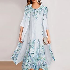 Women's Plus Size Two Piece Dress Set Print Dress Daily Classic Print Long Dress Maxi Dress Crew Neck 34 Length Sleeve Leaf Loose Fit White Green Spring Fall S M L XL XXL Lightinthebox