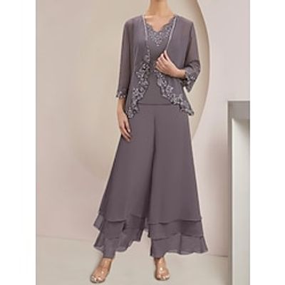 Jumpsuits Mother of the Bride Dress Wedding Guest Elegant V Neck Ankle Length Chiffon Long Sleeve with Sequin Tier Appliques 2023 Lightinthebox Jumpsuits Mother of the Bride Dress Wedding Guest Elegant V Neck Ankle Length Chiffon Long Sleeve with Sequin Tier Appliques 2023 Lightinthebox