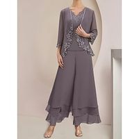 Jumpsuits Mother of the Bride Dress Wedding Guest Elegant V Neck Ankle Length Chiffon Long Sleeve with Sequin Tier Appliques 2023 Lightinthebox - thumbnail
