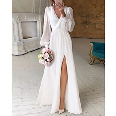 Reception Little White Dresses Simple Wedding Dresses A-Line V Neck Long Sleeve Floor Length Chiffon Bridal Gowns With Ruched Lightinthebox