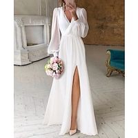 Reception Little White Dresses Simple Wedding Dresses A-Line V Neck Long Sleeve Floor Length Chiffon Bridal Gowns With Ruched Lightinthebox - thumbnail