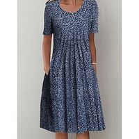 Women's Casual Dress Summer Dress Ditsy Floral Print Pocket Crew Neck Midi Dress Streetwear Street Holiday Short Sleeve Regular Fit Navy Blue Summer S M L XL 2XL Lightinthebox - thumbnail
