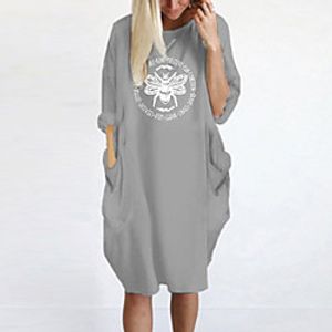 Women's T Shirt Dress Tee Dress Knee Length Dress Blue Yellow Fuchsia Gray Green White Black Long Sleeve Print Spring Summer Round Neck Casual Oversized 2021 S M L XL XXL 3XL 4XL 5XL Lightinthebox