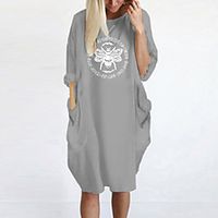 Women's T Shirt Dress Tee Dress Knee Length Dress Blue Yellow Fuchsia Gray Green White Black Long Sleeve Print Spring Summer Round Neck Casual Oversized 2021 S M L XL XXL 3XL 4XL 5XL Lightinthebox - thumbnail