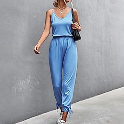 Women's Jumpsuit Backless Solid Color V Neck Casual Street Daily Regular Fit Sleeveless Blue Black S M L Spring Lightinthebox