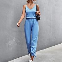 Women's Jumpsuit Backless Solid Color V Neck Casual Street Daily Regular Fit Sleeveless Blue Black S M L Spring Lightinthebox - thumbnail