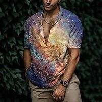 Men's Shirt Summer Hawaiian Shirt Galaxy Graphic Prints Cuban Collar Yellow Blue Purple Green Gray Casual Holiday Short Sleeve Button-Down Print Clothing Apparel Sports Fashion Streetwear Designer Lightinthebox - thumbnail