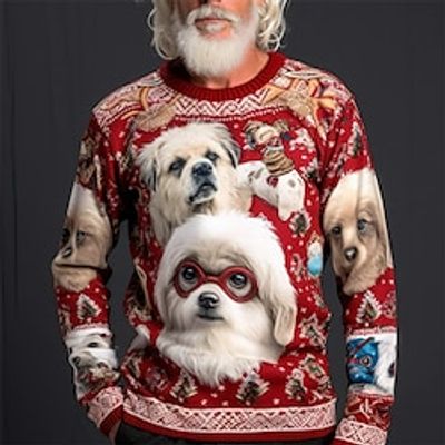 Dog Casual Men's Knitting Print Ugly Christmas Sweater Pullover Sweater Jumper Knitwear Outdoor Daily Vacation Christmas Long Sleeve Crewneck Sweaters Wine Red Brown Fall Winter S M L Sweaters Lightinthebox